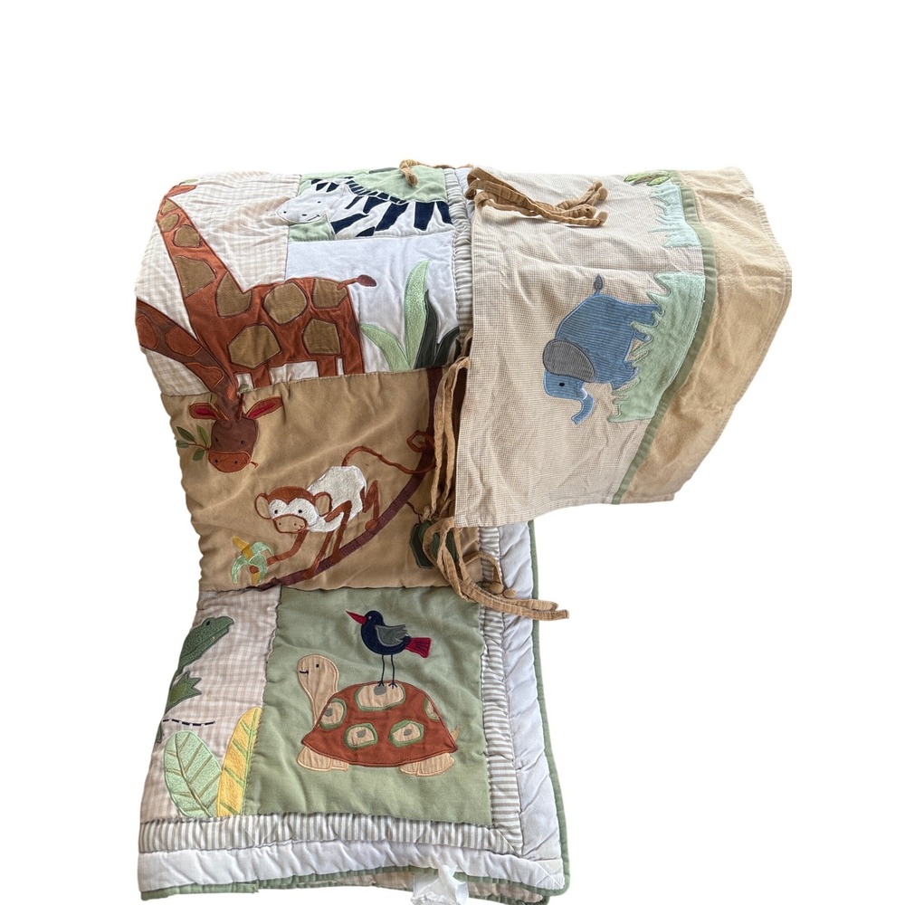 Kids Safari Animal Crib Bumper Patchwork Jungle Giraffe Elephant Tan